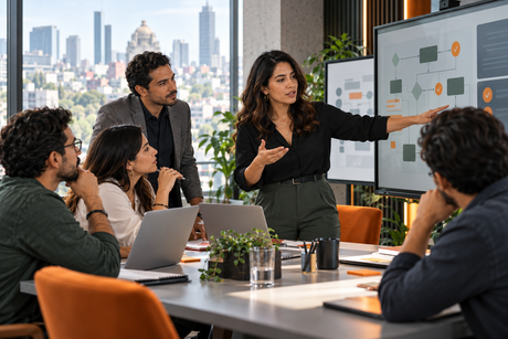 Equipo empresarial en México participando en una capacitación práctica de inteligencia artificial por roles