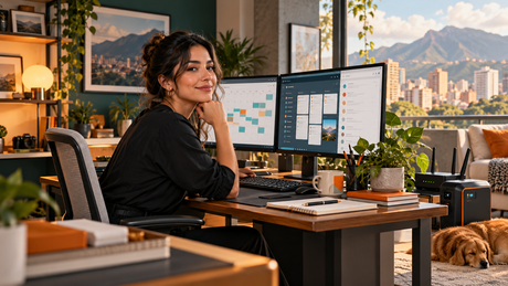Profesional venezolana trabajando como asistente virtual con un espacio remoto confiable